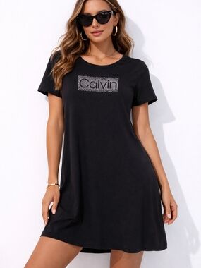 Calvin Klein Black T-Shirt Dress Size M | Rhinestone Logo | Casual A-Line Mini